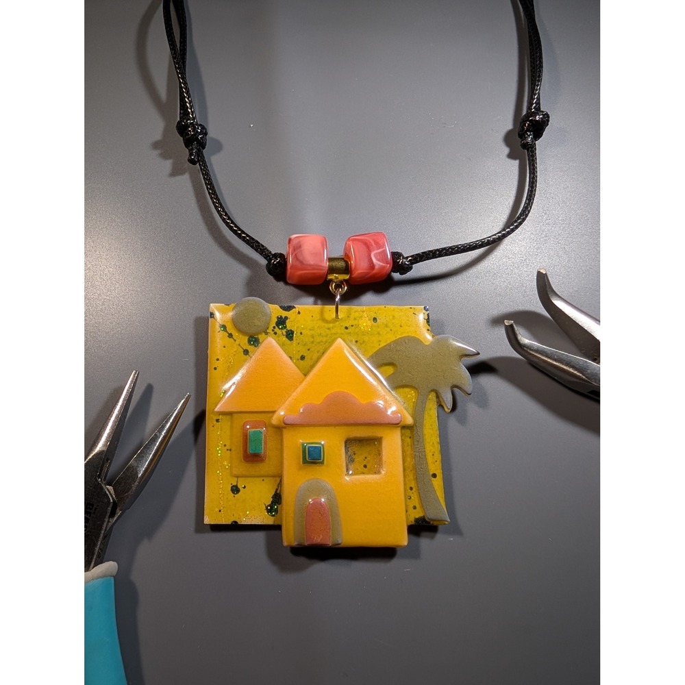 Vintage Repurposed Brooch Tropical House Pendant Adjustable Cord Necklace Yellow